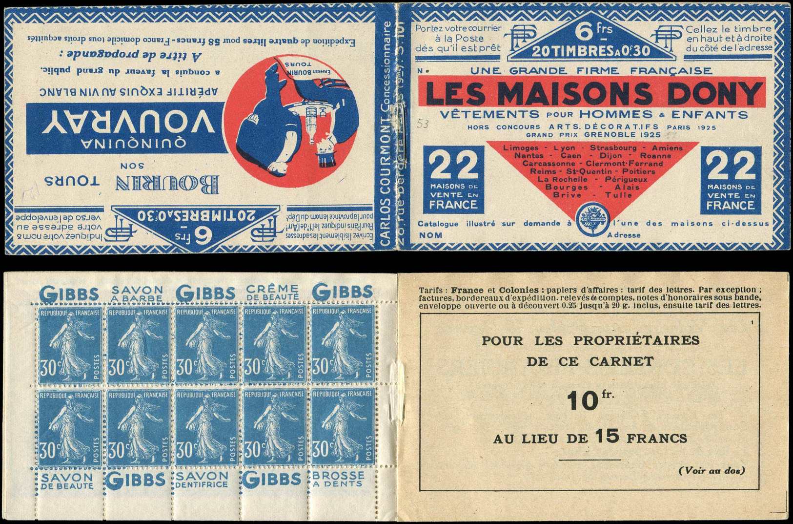 CARNETS (N°Cérès Jusqu'en1964) -  53   Semeuse Camée, 30c. Bleu, N°192A, T IIB, S. 101 N, MAISONS DONY, Haut De Feuille, - Autres & Non Classés