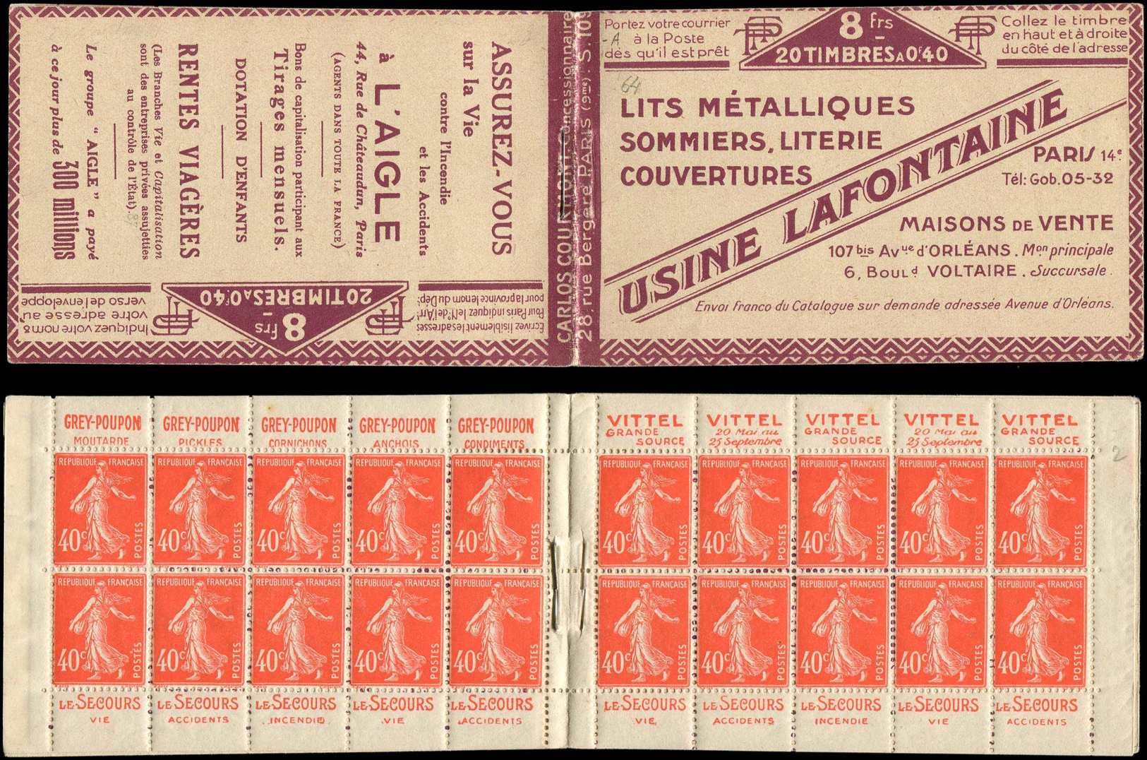 CARNETS (N°Cérès Jusqu'en1964) -  64   Semeuse Camée, 40c. Vermillon, N°194A, T I, S. 109 A, LAFONTAINE/L'AIGLE, Superbe - Autres & Non Classés