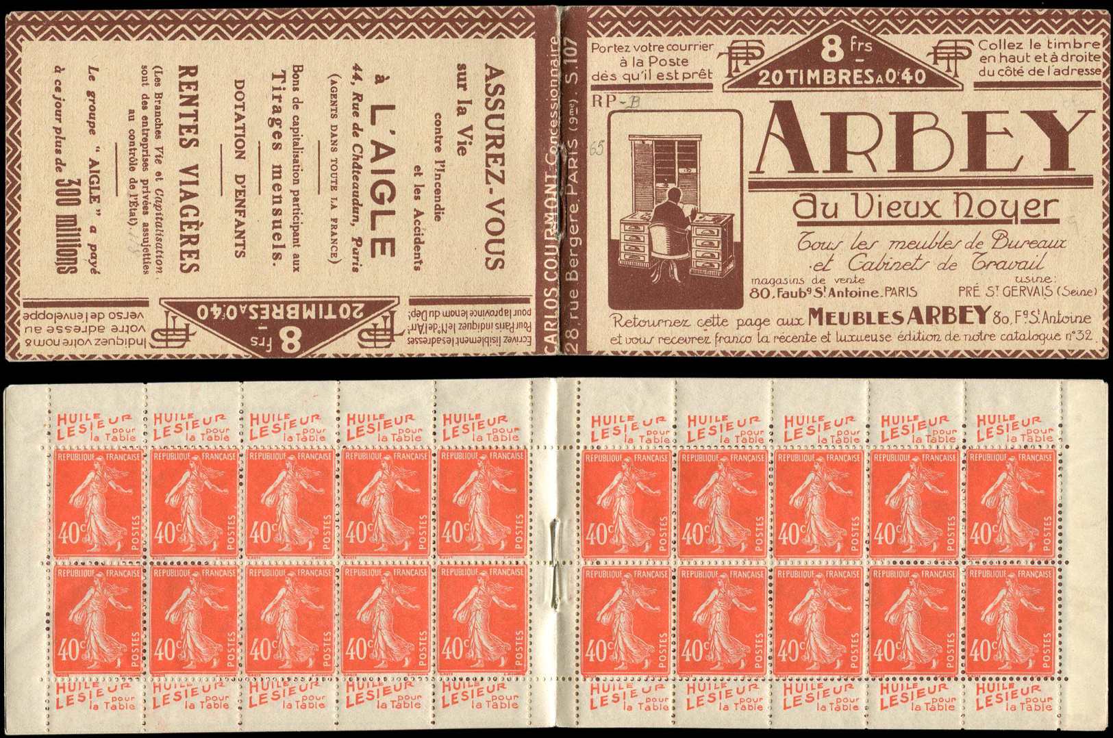 CARNETS (N°Cérès Jusqu'en1964) -  65   Semeuse Camée, 40c. Vermillon, N°194A, T I, S. 107 RP-B, ARBEY/L'AIGLE, Superbe - Autres & Non Classés