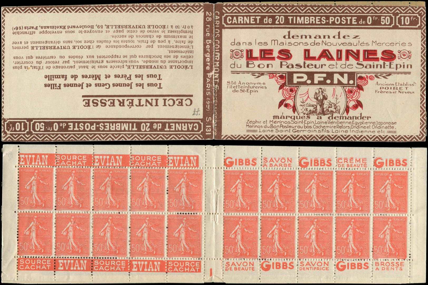 CARNETS (N°Cérès Jusqu'en1964) -  77   Semeuse Lignée, 50c. Rouge, N°199A, T I, S. 131, LES LAINES PFN, S.a., Pet. Déf. - Autres & Non Classés