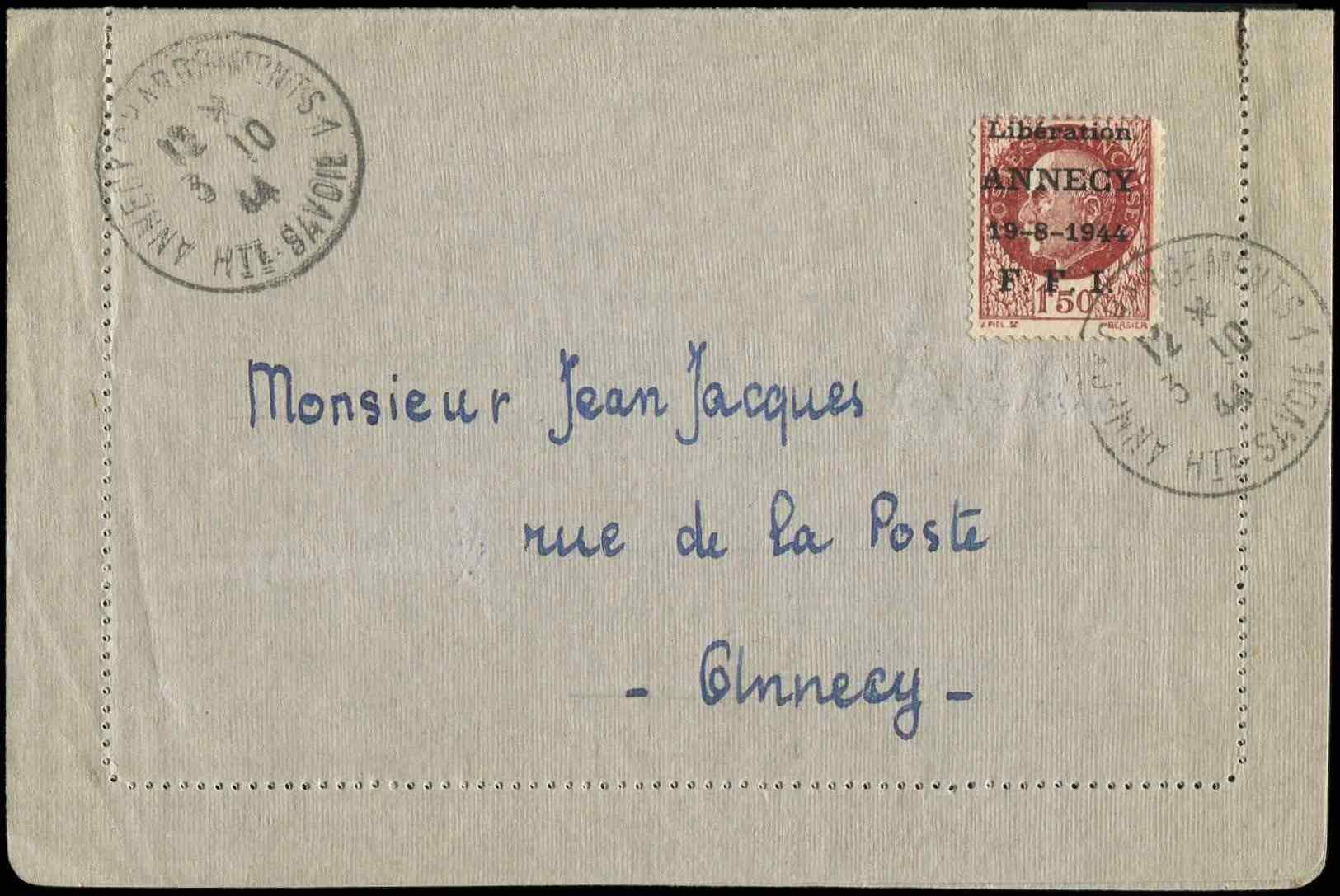 Let TIMBRES DE LIBERATION - Let  ANNECY 1 : 1f50 Brun-rouge, Obl. Càd 3/10/44 S. Lettre, TB - Libération