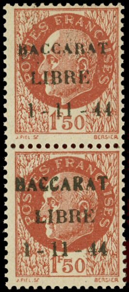 ** TIMBRES DE LIBERATION - **   BACCARAT 6 : 1f50 Brun-rouge, PAIRE Surch. T I Et II, TB - Libération