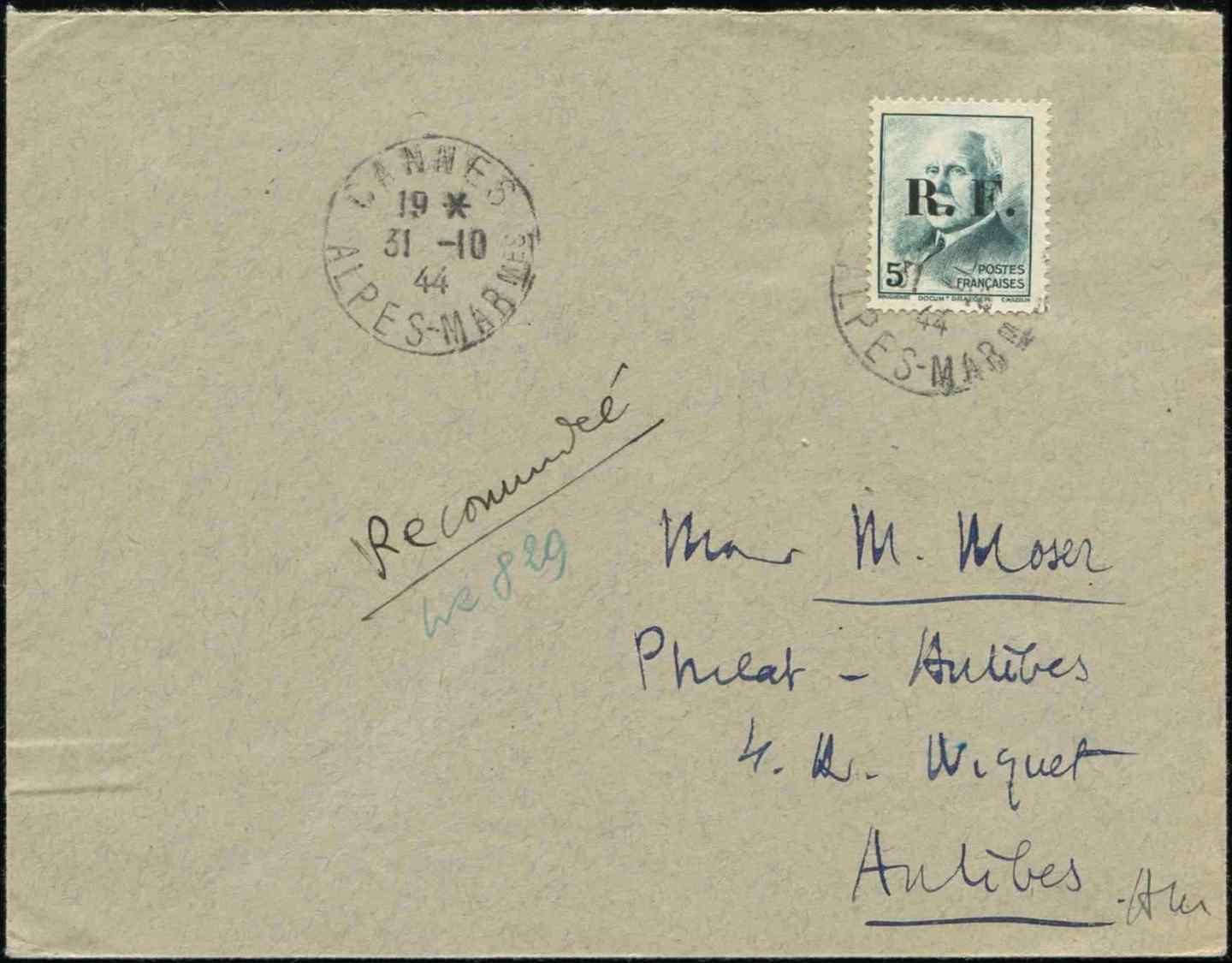 Let TIMBRES DE LIBERATION - Let  CANNES 29 : Pétain, 5f. Oblitéré 31/10/44 Sur Enveloppe, TB - Libération