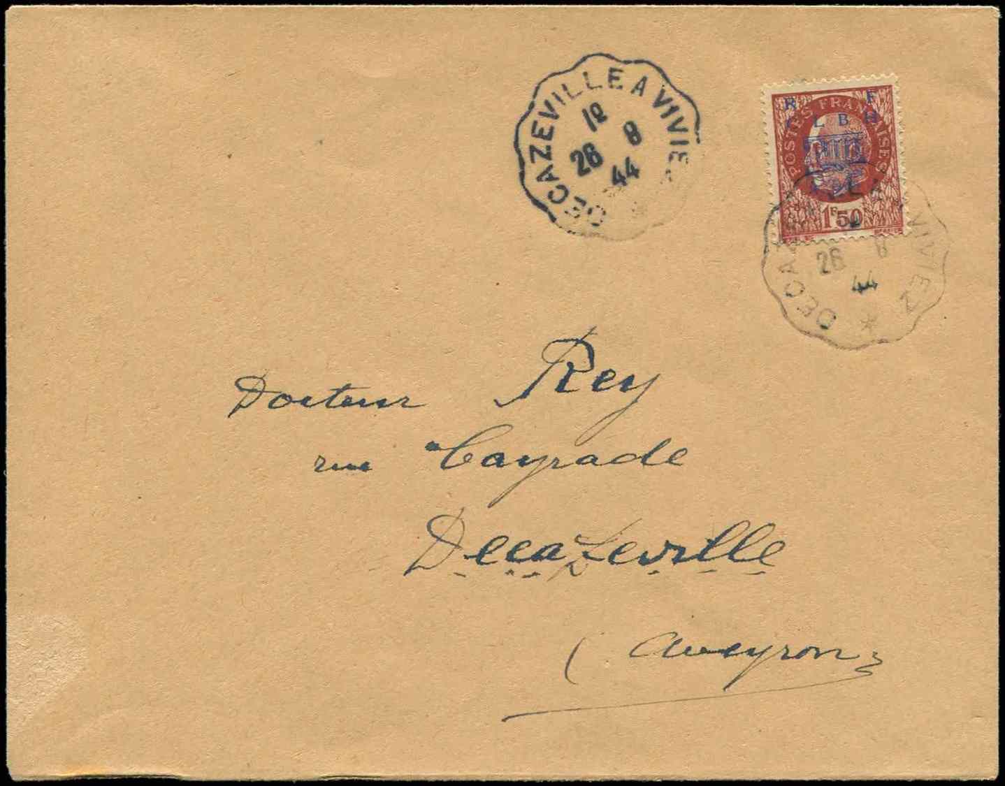 Let TIMBRES DE LIBERATION - Let  DECAZEVILLE 6 : 1f50 Brun-rouge, Obl. Càd Conv. DECAZEVILLE A VIVIES 26/8/44 S. Env., T - Libération