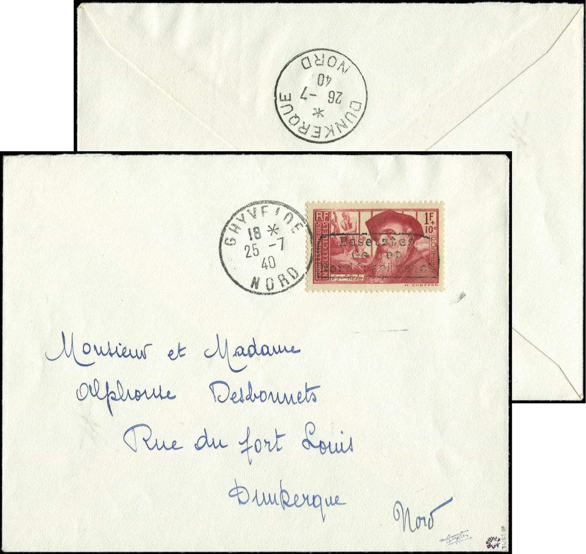 Let Spécialités Diverses - Let  GUERRE DUNKERQUE Poste N°384 Obl. Ghyvelde 25/7/40 Sur Env., Arr. DUNKERQUE Le 26/7, TB - Guerre (timbres De)