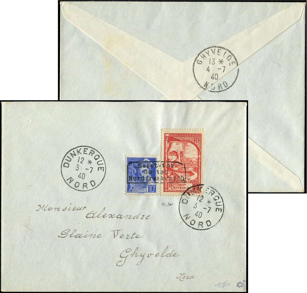 Let Spécialités Diverses - Let  GUERRE DUNKERQUE Poste N°407 + 442 Obl. Dunkerque 3/7/40 S. Env., Arr. Ghyvelde 4/7, TB - Guerre (timbres De)