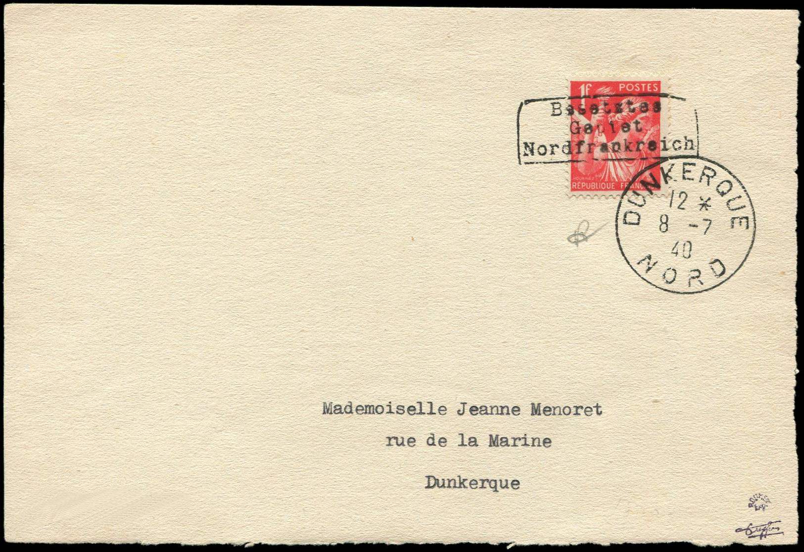 Let Spécialités Diverses - Let  GUERRE DUNKERQUE Poste N°433 1f. Rouge Obl. Dunkerque 8/7/40 S. DL, TB - Guerre (timbres De)