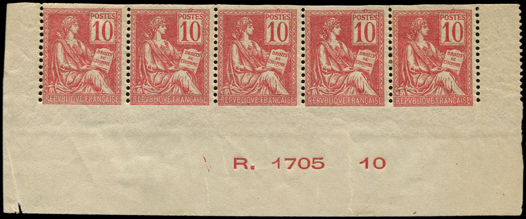 ** VARIETES - **   116   Mouchon, 10c. Rouge, BANDE De 5 Bas De Feuille N°R.1705 10, NON DENTELEE Horizontalement, R, TT - Neufs