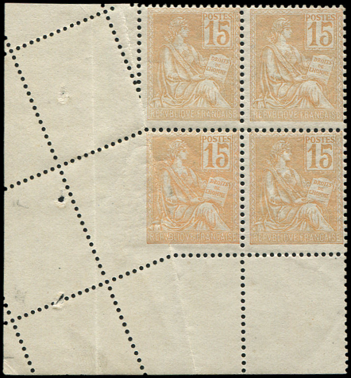 ** VARIETES - **   117   Mouchon, 15c. Orange, Nuance Pâle, BLOC De 4 Cdf Avec Variété De PIQUAGE, TB. C - Neufs