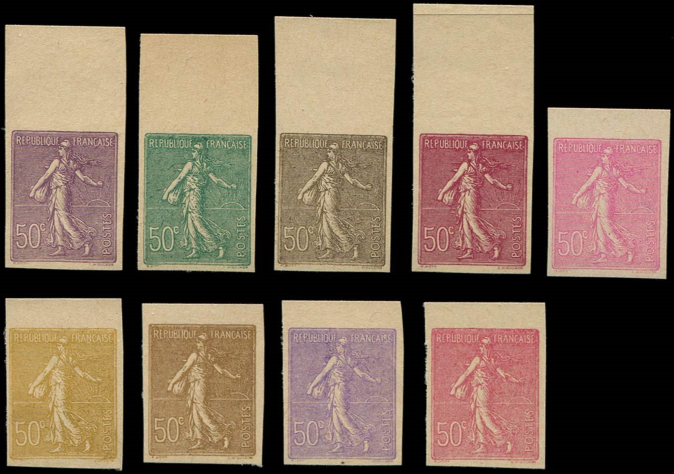 (*) ESSAIS DE COULEURS NON DENTELES - (*)  199   Semeuse Lignée, 50c. Rouge, Série De 9 ESSAIS De COULEUR Différents, Ha - Autres & Non Classés