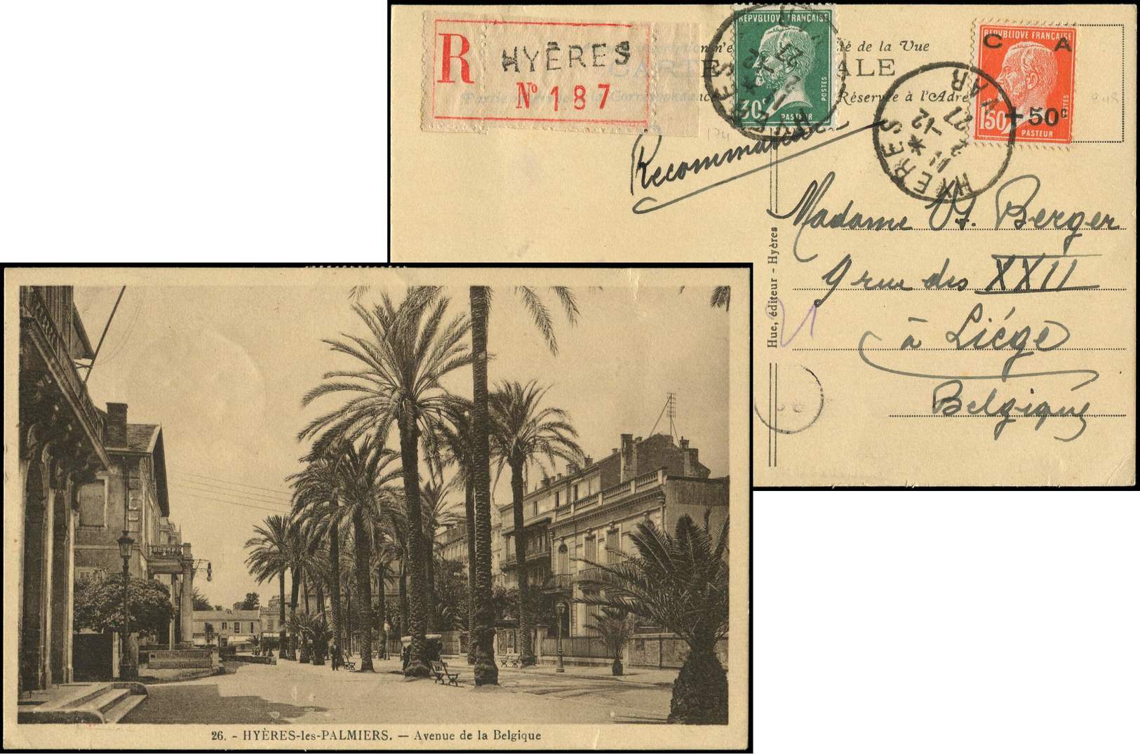 Let LETTRES DU XXe SIECLE - Let  N°174 + 248 Obl. HYERES 2/12/27 S. CP Rec. (5 Mots) Pour La Belgique, TB - Lettres & Documents