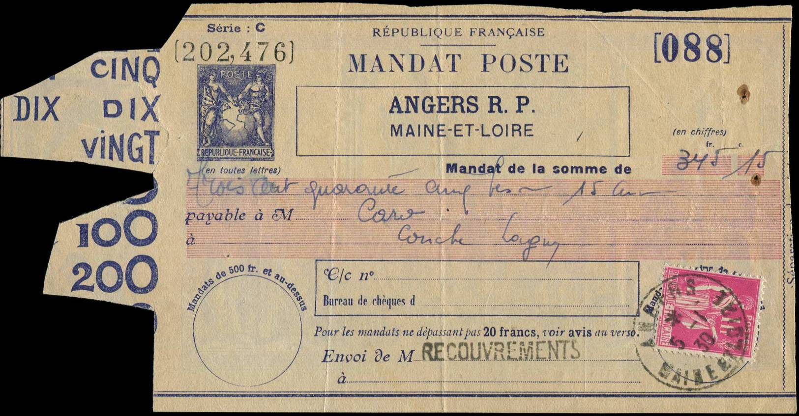 Let LETTRES DU XXe SIECLE - Let  N°369 Obl. ANGERS 5/1/39 Sur Mandat Sage Violet (storch N°R13), Plis Et Trous D'épingle - Lettres & Documents