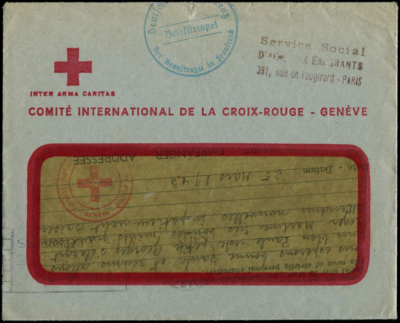 Let Guerre 1939/1945 - Let  Message Croix Rouge Algérie-France Avec Son Env. De Réexpédition, Cachet Bleu DEUTSCHES ROTE - Guerre De 1939-45