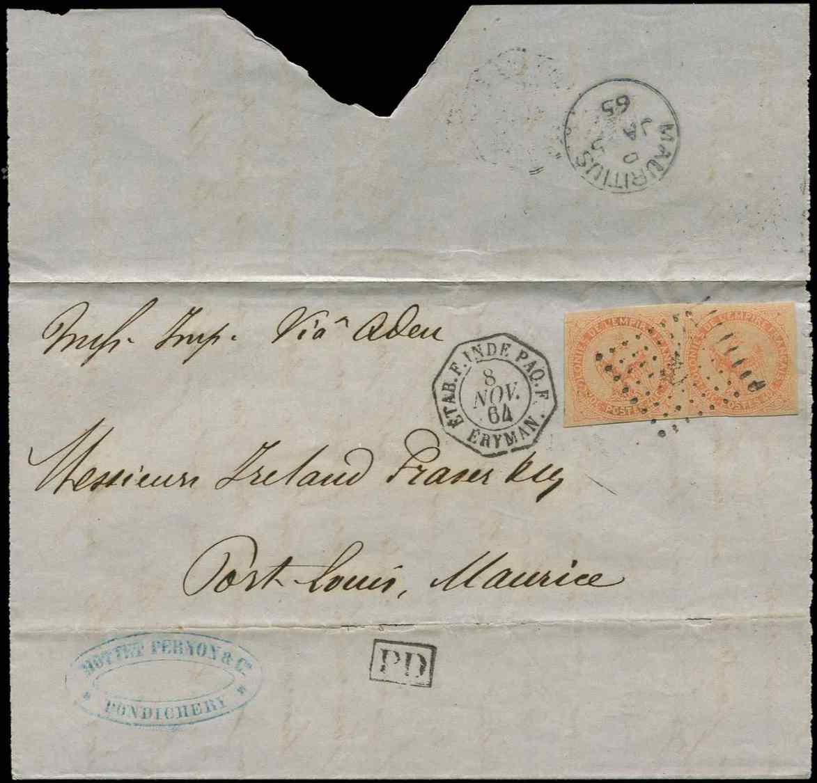 Let Let  5    40c. Orange, PAIRE Obl. ANCRE S. LAC, Càd Octog. ETAB.F. INDE PAQ. F ERYMAN 8/11/64, Arr. Mauritius 5/1, R - Autres & Non Classés