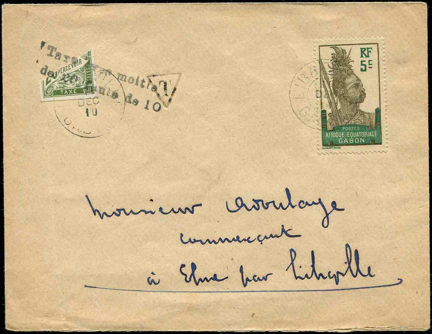 Let Let  Taxe 21 : 20c. Olive, MOITIE Surch. "Taxe Par Moitié De 20 Faute De 10" Et Obl. LIBREVILLE 12/1910 S. Env. Loca - Autres & Non Classés