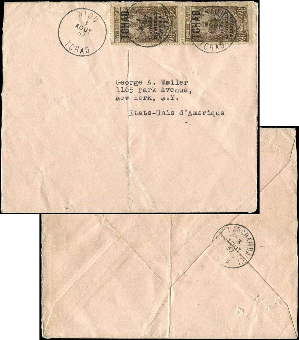 Let Let  TCHAD N°26 PAIRE Défse Obl. NIOU 1/8/37 Sur Env. Pour New-York, Transit Fort-Archambault Au Verso, R Et TB - Autres & Non Classés