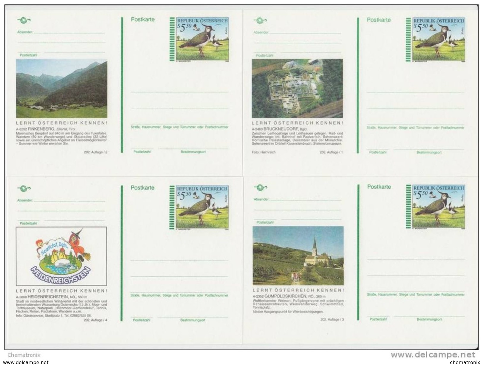 Austria 1996 - Set 8 Tarjetas - 5.50s Avefría Europea (Kiebitz) - MNH ** - Postkarten