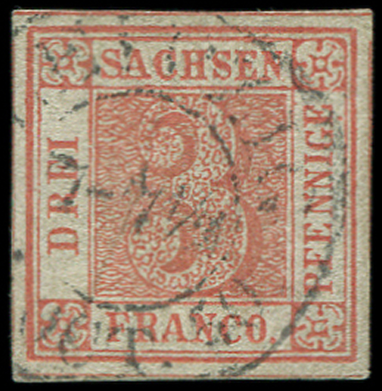 ALLEMAGNE (ANCIENS ETATS) SAXE 1 : 3p. Rouge, Obl., Restauré, Aspect TTB - Saxe