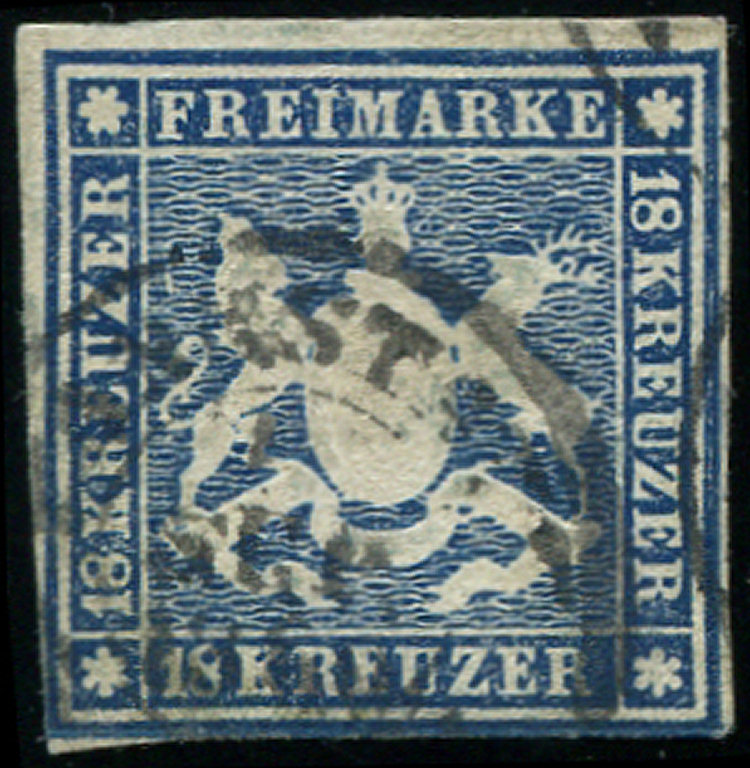 ALLEMAGNE (ANCIENS ETATS) WURTEMBERG 15 : 18k. Bleu, 2 Marges Au Filet, Obl., R, B/TB - Autres & Non Classés