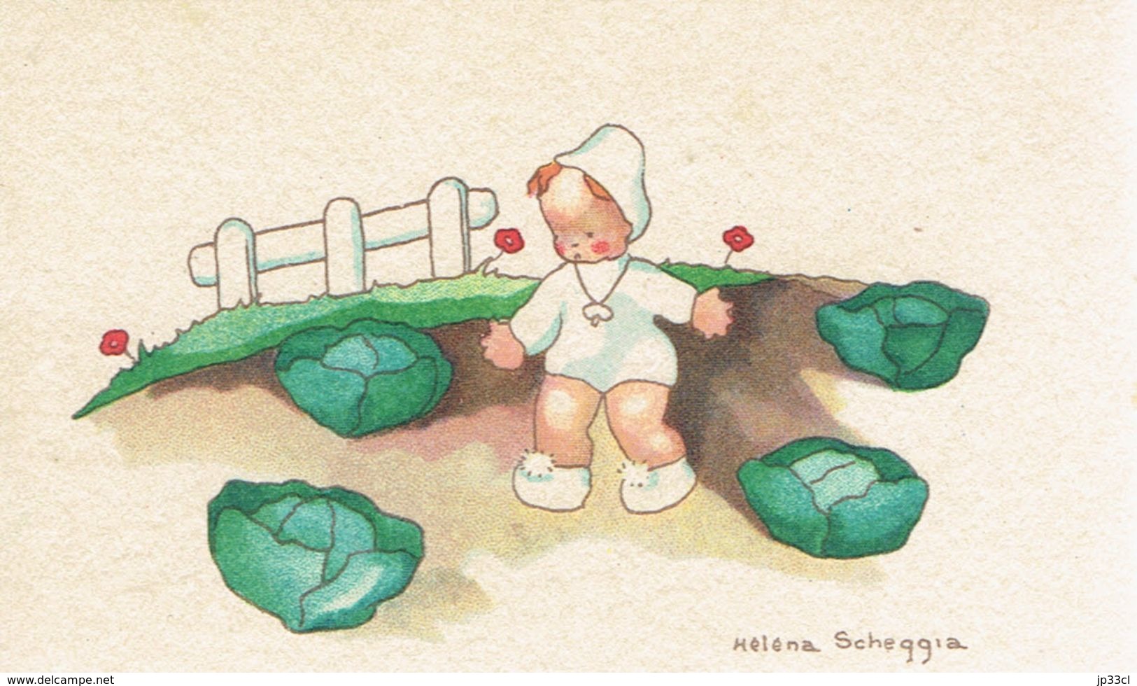 Bébé, Choux Sur Faire-part De Baptême Illustré Par Helena Scheggia, 1944 - Naissance & Baptême