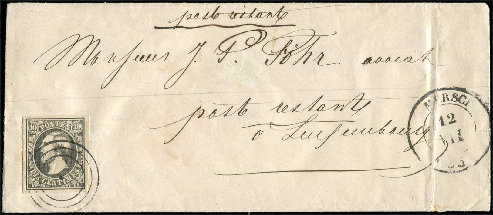 Let Let  LUXEMBOURG 1 : 10c. Gris Noir Obl. Cercles S. Env. Pour LUXEMBOURG, Càd MERSCH 12/5/55, TB - 1852 Guillaume III