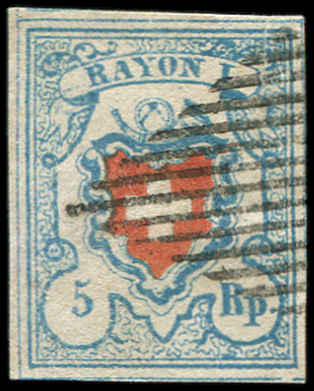 SUISSE 20 : 5Rp. Bleu Et Rouge, Rayon I, Obl. GRILLE, TB - 1843-1852 Timbres Cantonaux Et  Fédéraux