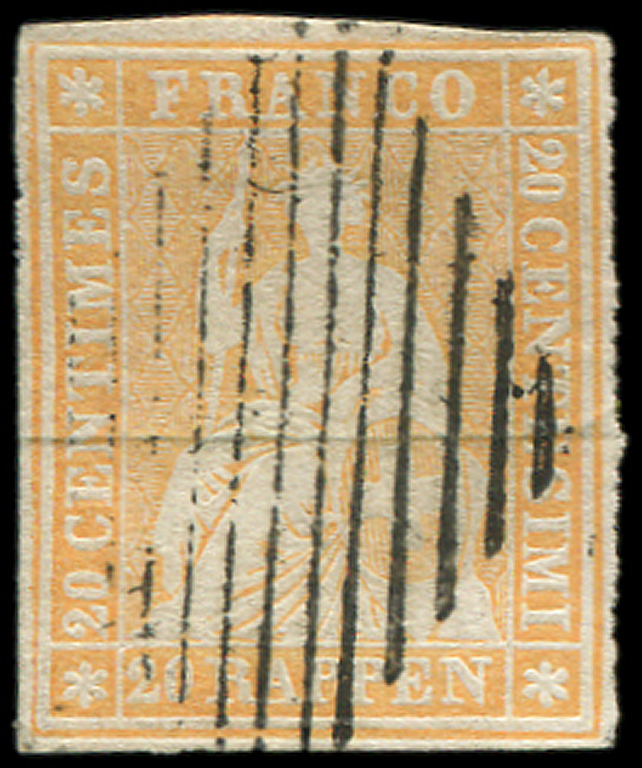 SUISSE 29a : 20r. Orange, Papier Moyen, Obl., TB - 1843-1852 Timbres Cantonaux Et  Fédéraux