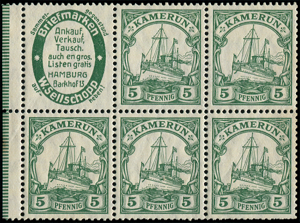 ** **   CAMEROUN ALLEMAND 5pf. Vert, BLOC De 5 Avec Pub BRIEFMARKEN W. SELLSCHOPP, Bdf, N° Michel H-BL 9A, TB - Cameroun