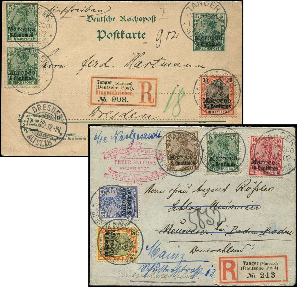 Let Let  MAROC Bureaux Allemands : CP Entier Rec. Affr. Germania Et Env. Rec. Affie Germania Obl. Tanger 1902, TB - Maroc (bureaux)