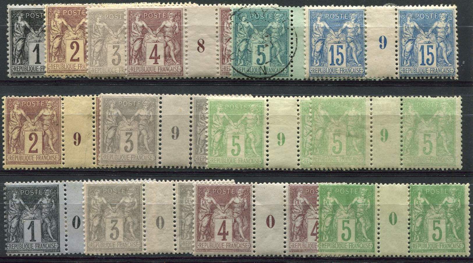 * *    Sage, Lot De 13 PAIRES Mill.8, 9 Et 0 Entre N°83 Et 106, Fortes Ch. + N°75 PAIRE Mill.8 Obl., B/TB - Collections (en Albums)