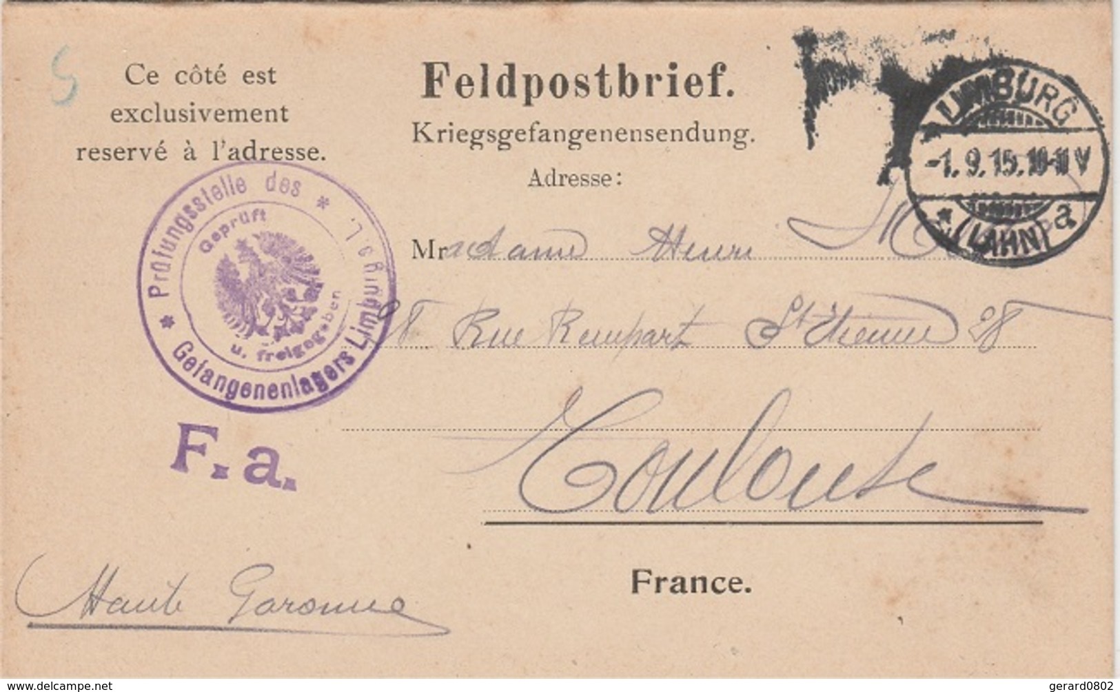 WW1 - Carte Lettre D Un Prisonnier De Guerre Du Camp De LIMBURG - Guerre De 1914-18