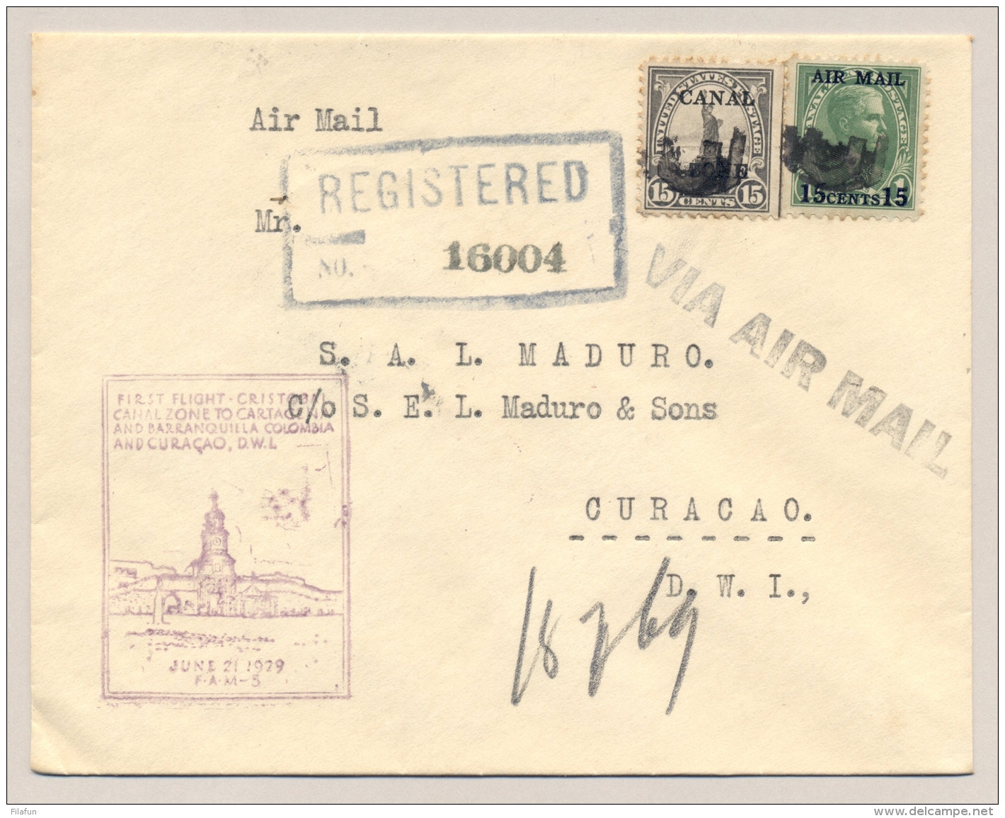 Curacao - 1929 - R-First Flight Cover FAM-5 From Cristobal / Canal Zone To Curacao - Curaçao, Nederlandse Antillen, Aruba