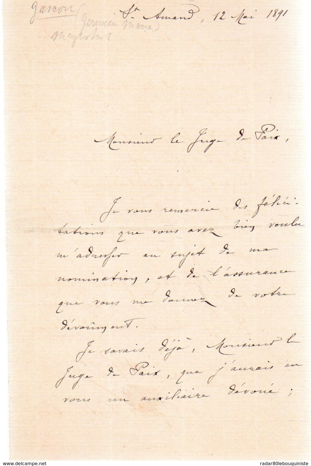 LAS.GANOU (Germain-Marie) Juge D'instruction à St.AMAND.deux Pages Manuscrites Signées.12 Mai 1891. - Autres & Non Classés