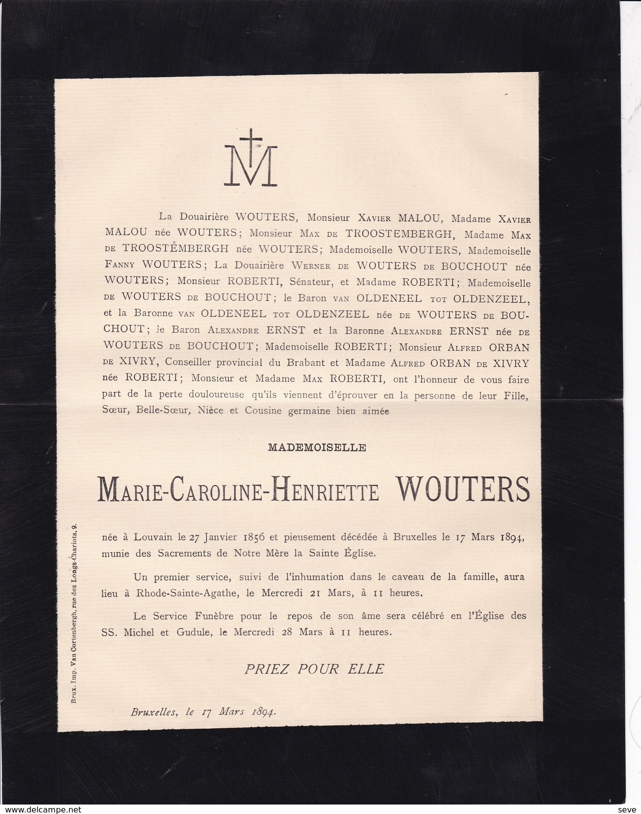 RHODE-SAINTE-AGATHE Marie-Caroline WOUTERS 1856-1894 Famille MALOU De TROOSTEMBERGH De BOUCHOUT - Décès