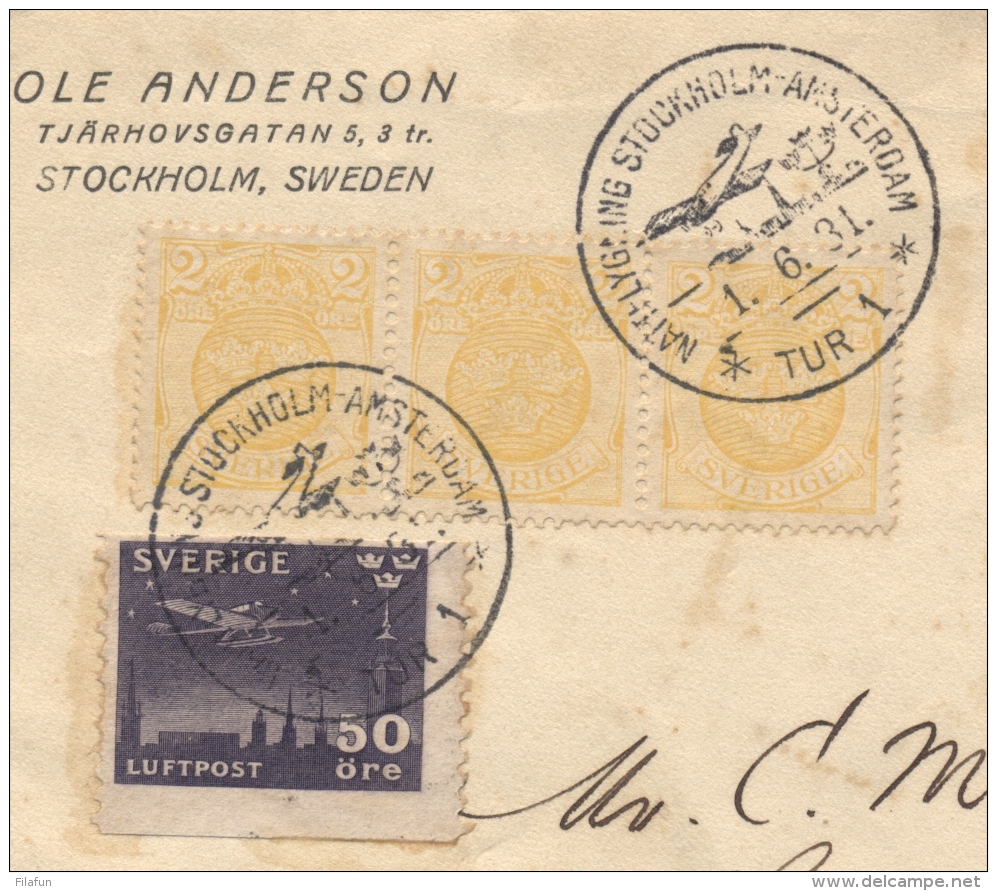 Sweden / Nederland - 1931 - 1st Night Flight TUR 1 Van Stockholm Via Amsterdam Naar Curacao - Brieven En Documenten