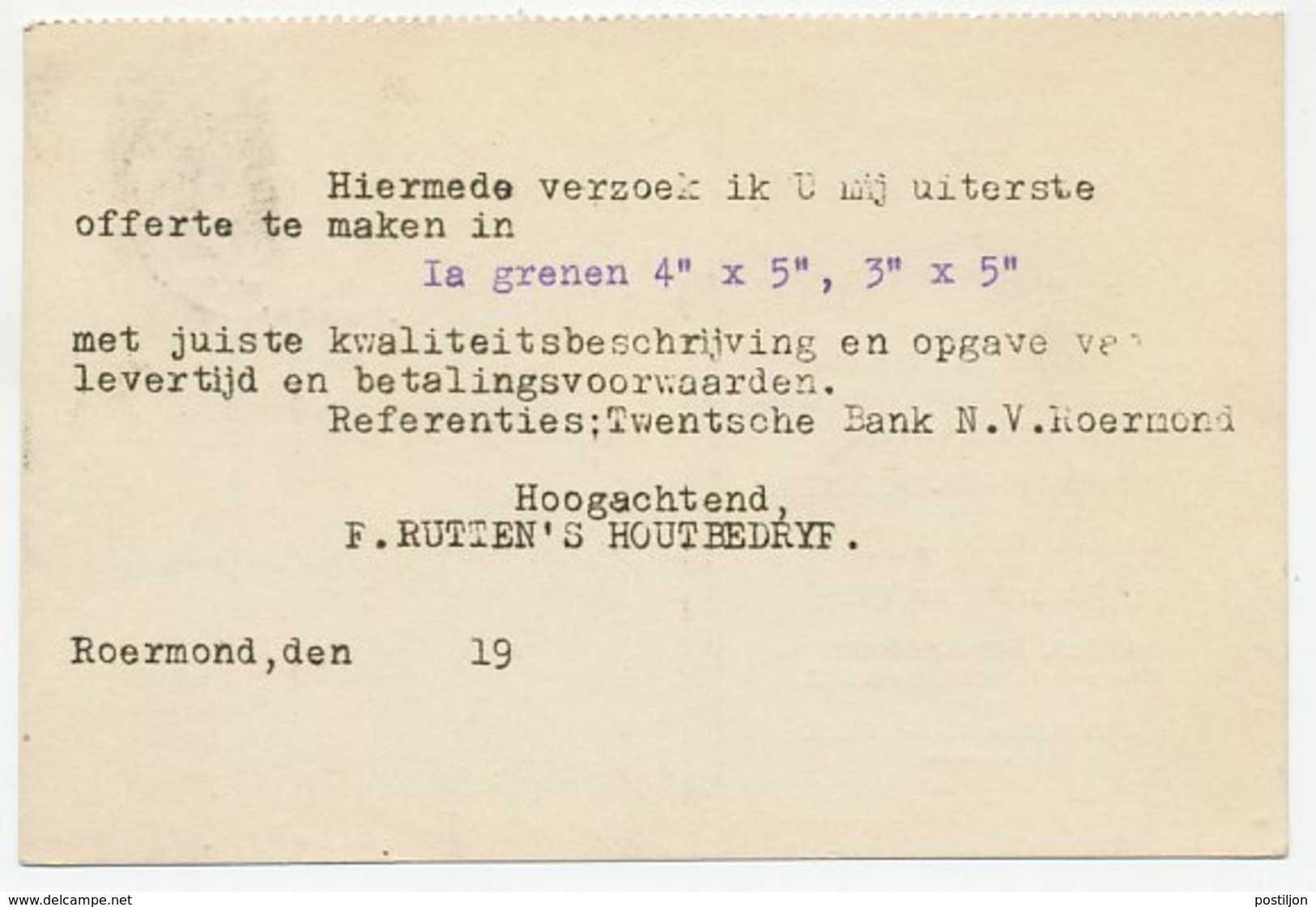 Firma Briefkaart Roermond 1933 - Houtbedrijf - Unclassified