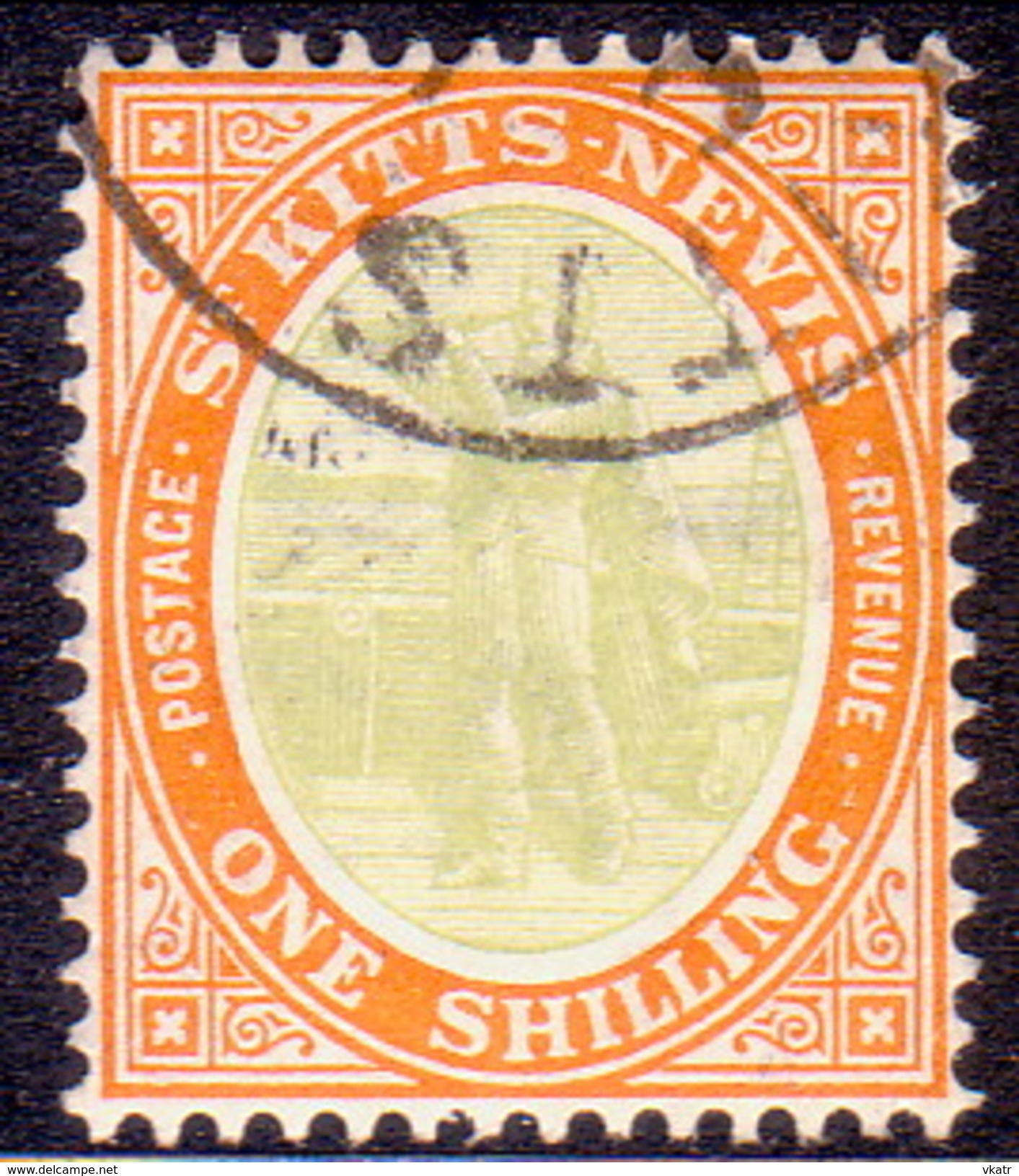 ST KITTS_NEVIS 1909 SG #20 1sh Used Wmk Mult.Crown CA Ordinary Paper CV £65 - St.Christopher-Nevis-Anguilla (...-1980)