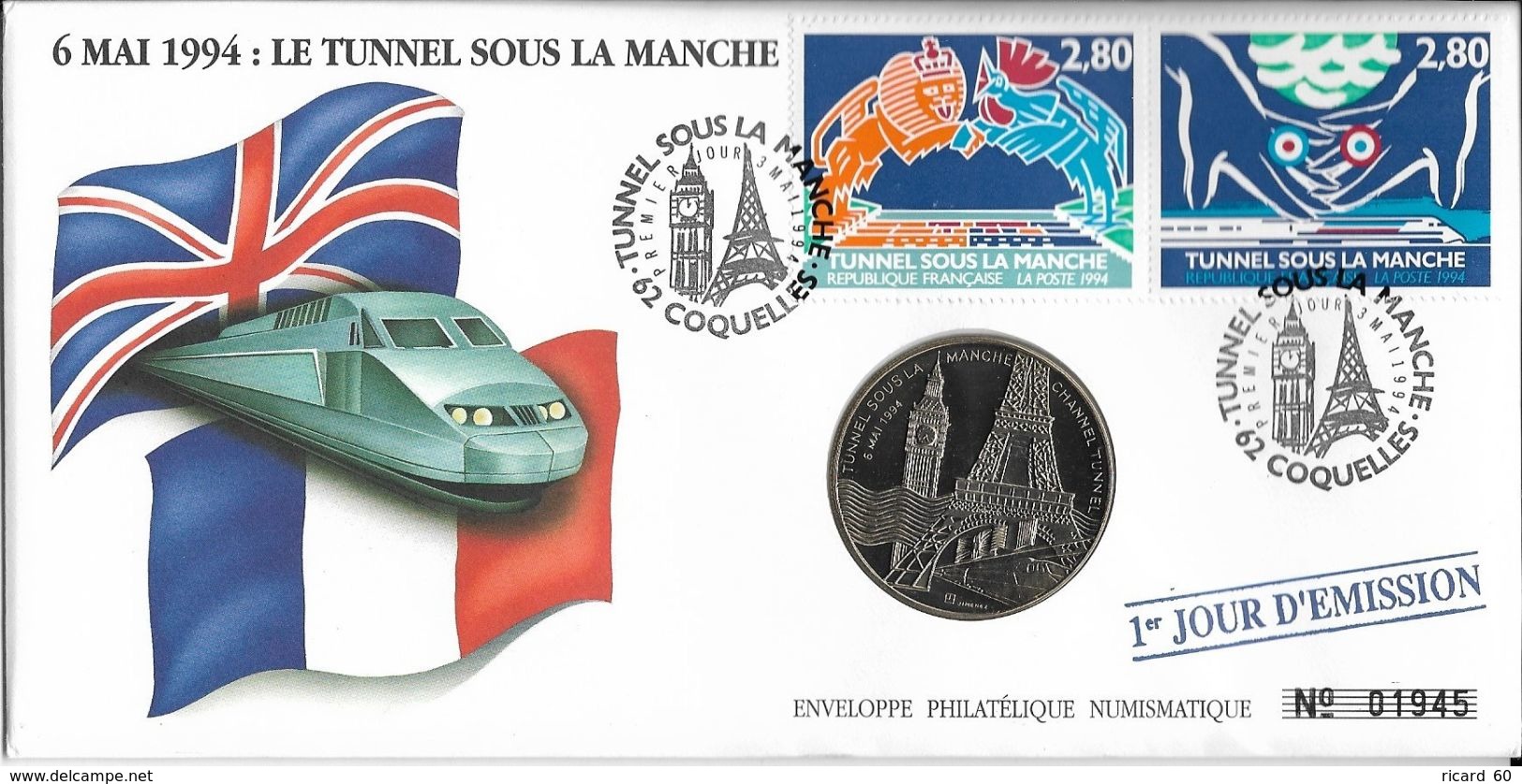 Grande Env Fdc Numismatique, 3/5/94 Coquelles,N°2880-1, Tunnel Sous La Manche, Tour Eiffel, Train, Big Ben - 1990-1999
