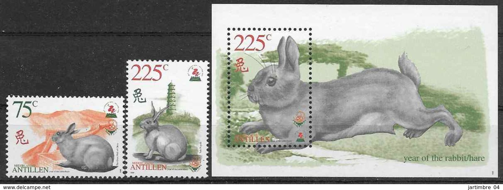 1999 ANTILLES NEERLANDAISES 1164-65+ BF 50 ** Horoscope Chinois, Année Du Lapin - Curacao, Netherlands Antilles, Aruba