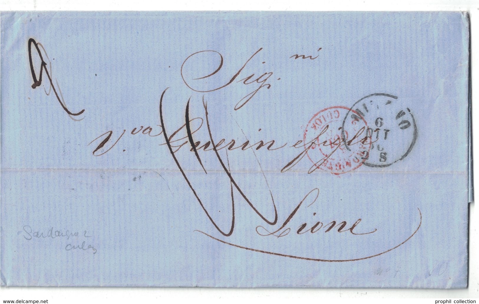 1860 - CAD ROUGE MARQUE D'ENTRÉE " SARDAIGNE 2 CULOZ " Sur LETTRE LAC MILANO ITALIE Pour LYON LIONE TAXE MANUSCRITE - 1849-1876: Période Classique