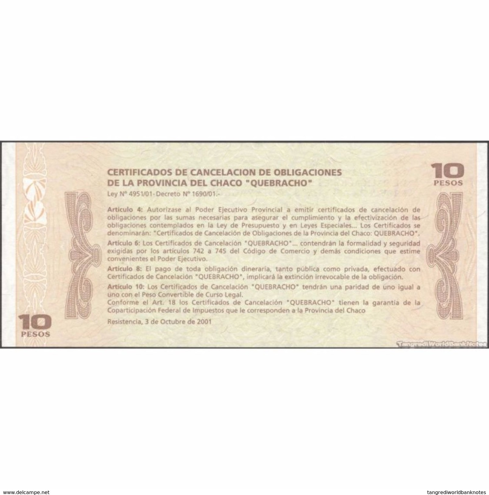 TWN - ARGENTINA S-NEW - 10 Pesos 2001 Provincia Del Chaco - Redemption 12.4.2003 UNC - Argentina