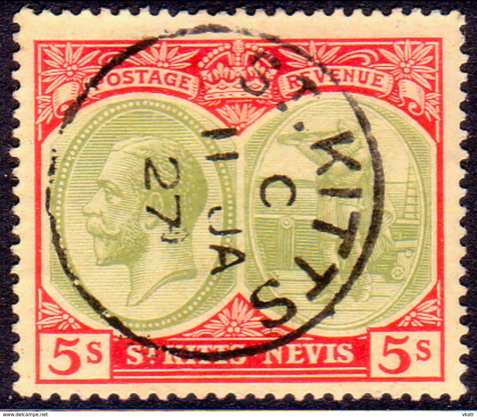 ST KITTS_NEVIS 1920 SG #34 5sh Used Wmk Mult.Crown CA CV £42 - St.Christopher-Nevis-Anguilla (...-1980)