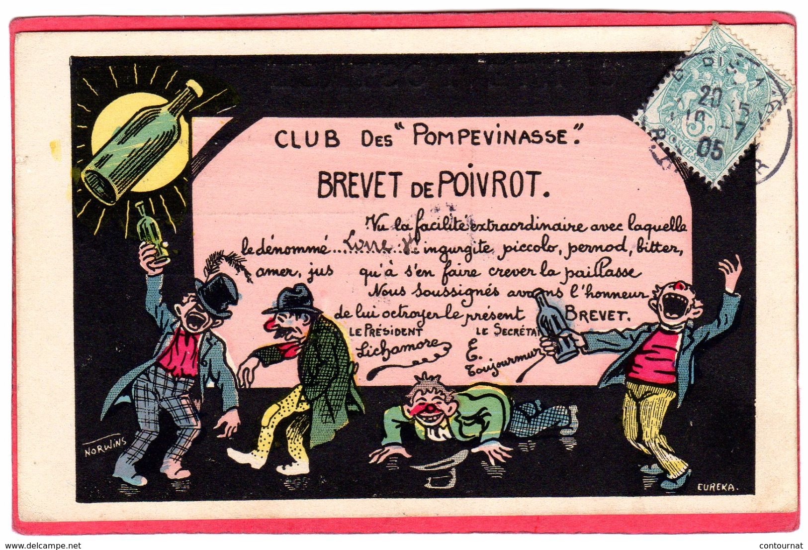 CPA Carte Humour  CLUB DES " POMPEVINASSE " Signé NORWINS  Brevet De Poivrot Alcool - Norwins