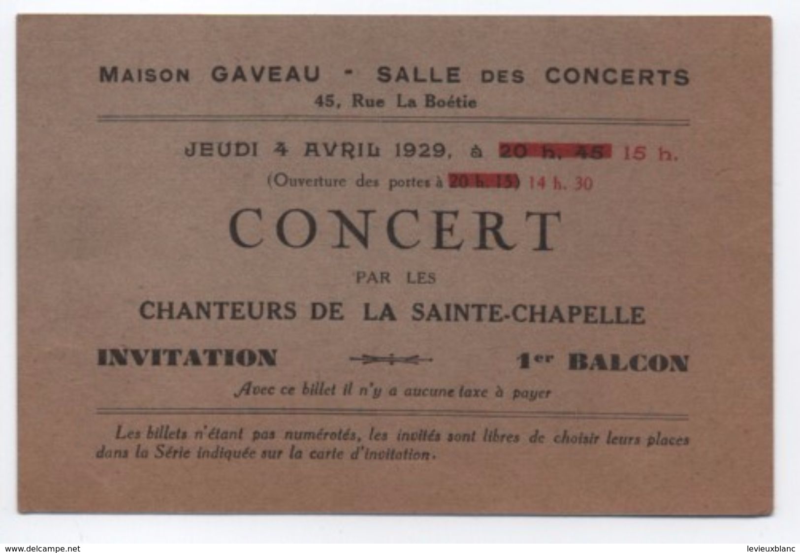 Maison Gaveau / Salle Des Concerts/ Concert Par Les Chanteurs De La Sainte Chapelle/ Invitation/ 1929  PART261 - Eintrittskarten