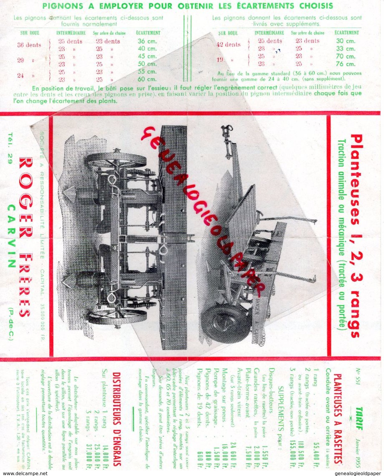 62 - CARVIN - PUBLICITE ROGER FRERES- AGRICULTURE PLANTEUSE TRACTION ANIMALE OU MECANIQUE-MACHINE AGRICOLE-TARIFS 1955 - Landwirtschaft