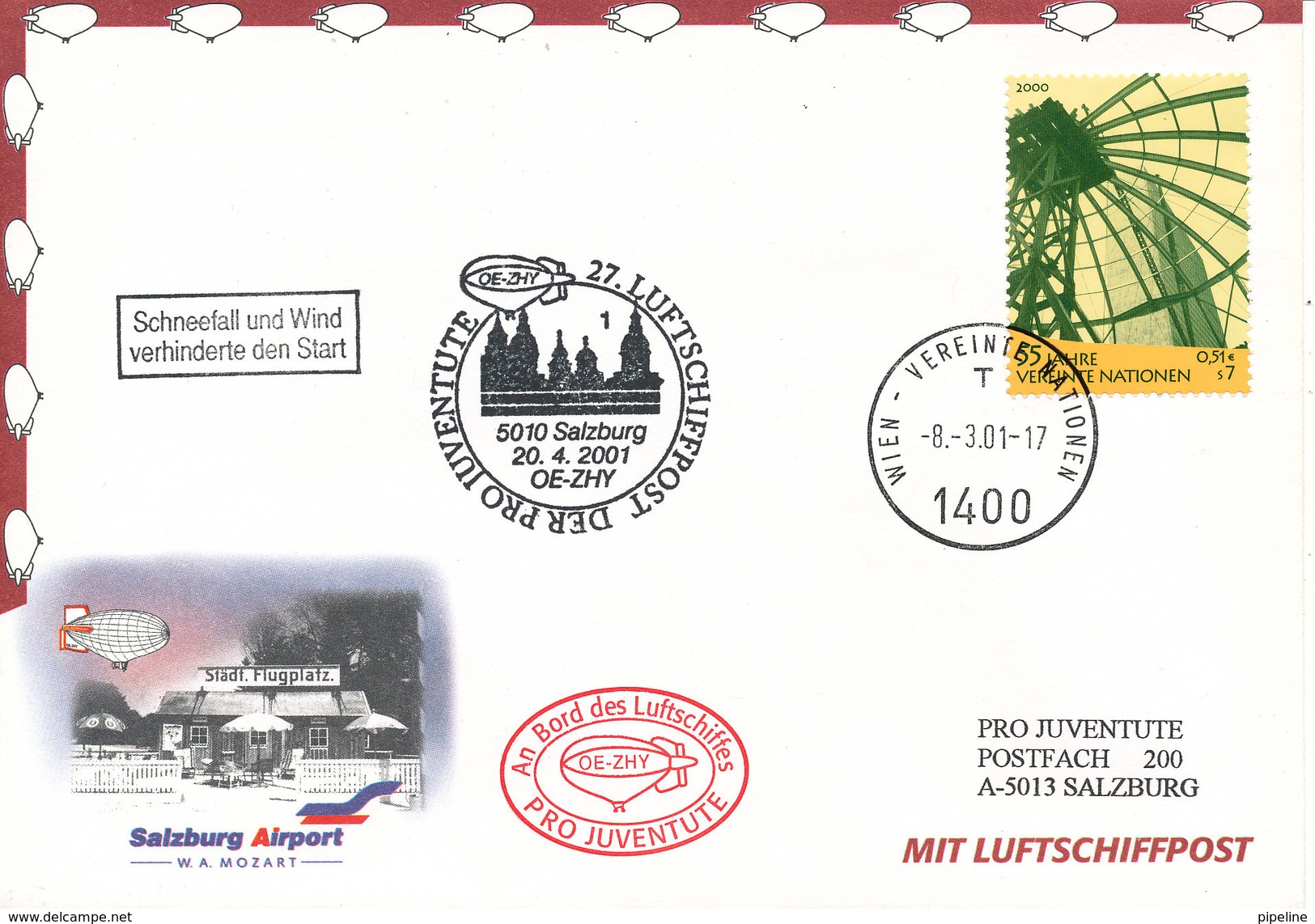 Austria UN Cover 27. Luftschiffpost Der Pro Juventute 20-4-2001 - Covers & Documents