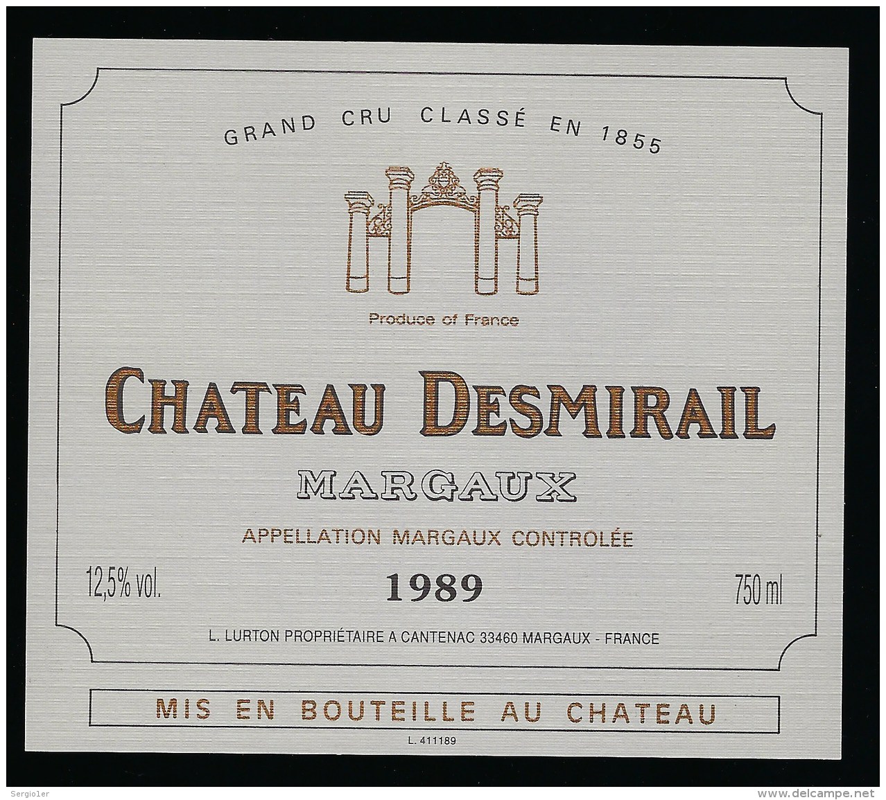 Etiquette Vin  Medoc   Chateau  Desmirail  Margaux 1989 Grand Cru Classé En 1855  L Lurton Propriétaire - Bordeaux