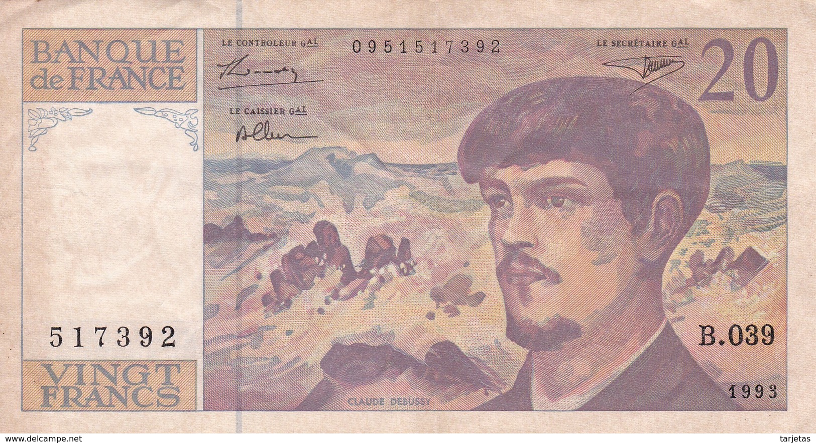 BILLETE DE FRANCIA DE 20 FRANCS DEL AÑO 1993 SERIE B.039 (BANKNOTE) CLAUDE DEBUSSY - 20 F 1980-1997 ''Debussy''