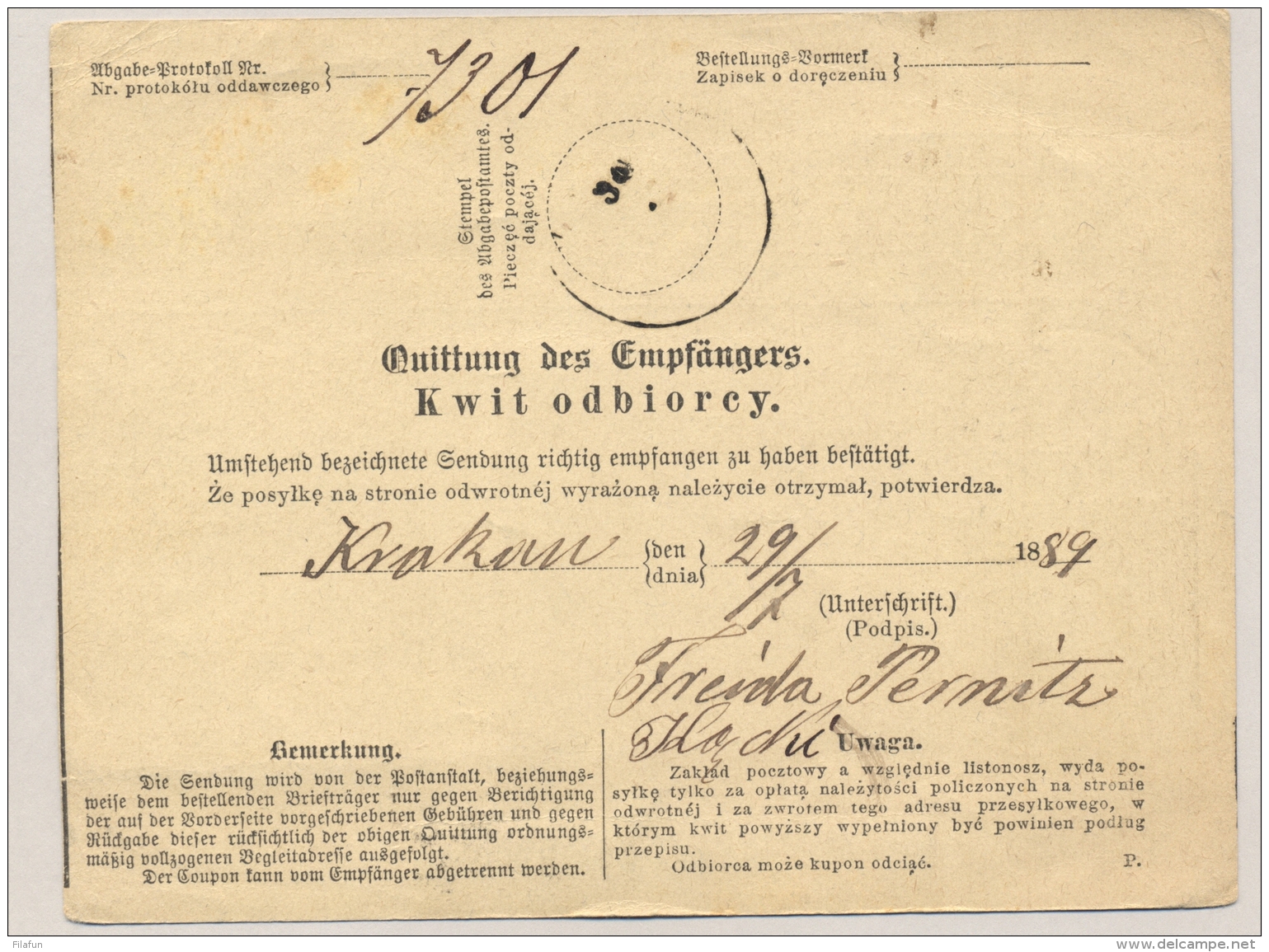 Österreich - 1889 - 5 Kreuzer Paketkarte Deutsch / Polnisch From Baranow To Krakau - Andere & Zonder Classificatie