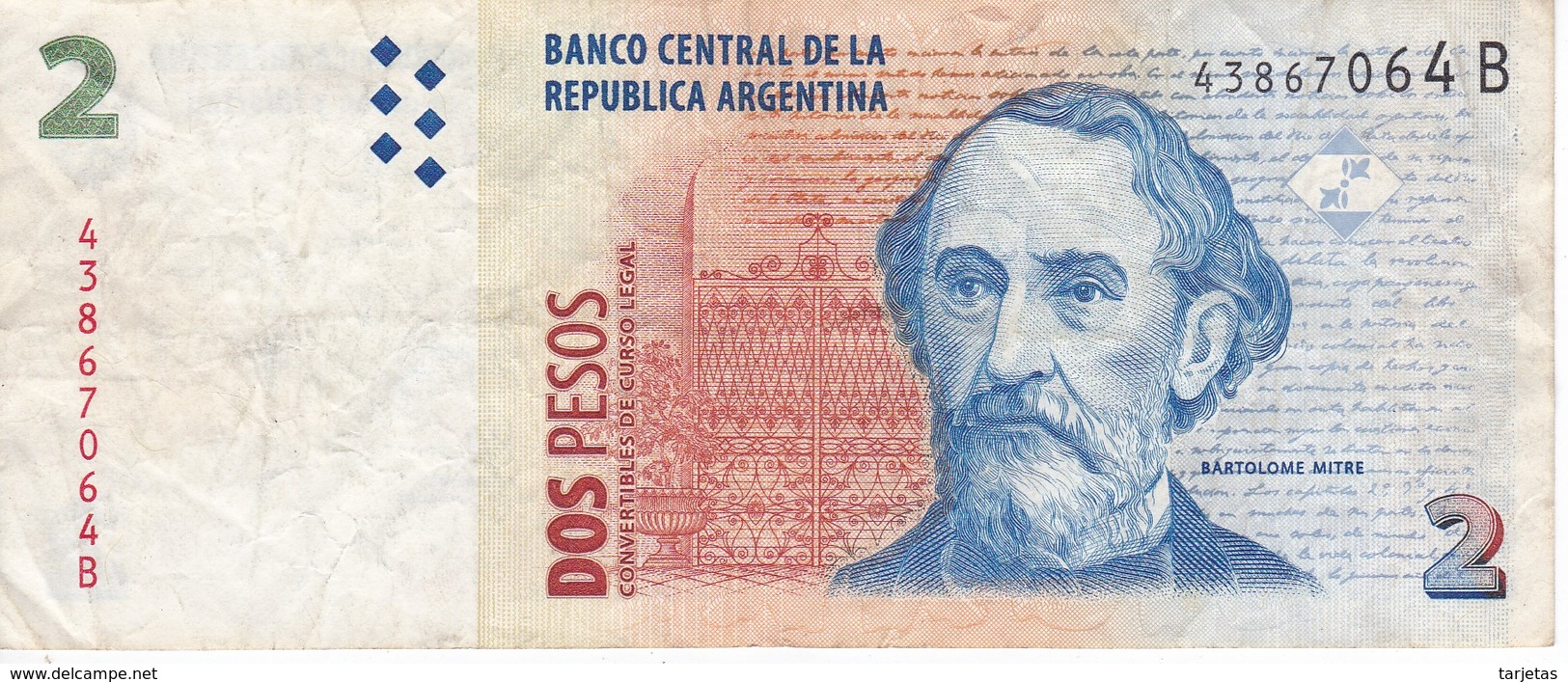 BILLETE DE ARGENTINA DE 2 PESOS CONVERTIBLES - BARTOLOME MITRE (BANKNOTE) - Argentina